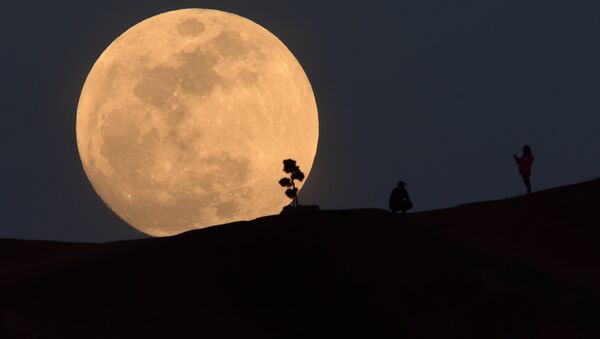 A person poses for a photo as the moon rises over Griffith Park in Los Angeles, California, on January 30, 2018 - Sputnik International
