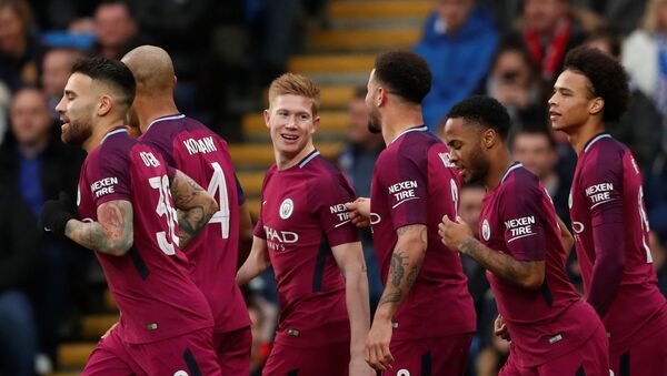 Soccer Football - FA Cup Fourth Round - Cardiff City vs Manchester City - Cardiff City Stadium, Cardiff, Britain - January 28, 2018 Manchester City's Kevin De Bruyne celebrates scoring their first goal with teammates - Sputnik International