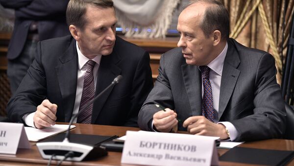 September 19, 2017. Russian Foreign Intelligence Service Director Sergei Naryshkin, left, and Federal Security Service Director Alexander Bortnikov before a meeting of the Military-Industrial Commission at the Almaz-Antey air defense system company - Sputnik International