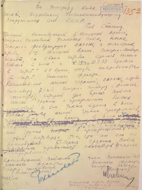 Commander Rokossovsky's handwritten letter to Stavka on the capture of Field Marshal Friedrich Paulus. Commander Rokossovsky's handwritten letter to Stavka on the capture of Field Marshal Friedrich Paulus. - Sputnik International