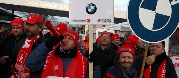 BMW workers during a 24-hour strike by German industrial trade union IG Metall in Berlin, Germany, February 2, 2018 BMW workers during a 24-hour strike by German industrial trade union IG Metall in Berlin, Germany, February 2, 2018 - Sputnik International