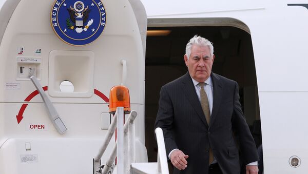 U.S. Secretary of State Rex Tillerson steps off his plane as he arrives to the presidential hangar in Mexico City, Mexico February 1, 2018 - Sputnik International