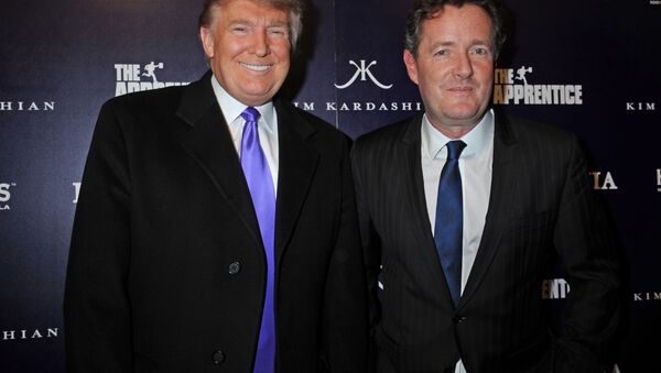 Donald Trump, left, and Piers Morgan arrive for the Perfumania party celebrating the appearance of Kim Kardashian on the reality show The Apprentice, Wednesday, Nov. 10, 2010, in New York. - Sputnik International
