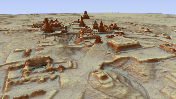 This digital 3D image provided by Guatemala's Mayan Heritage and Nature Foundation, PACUNAM, shows a depiction of the Mayan archaeological site at Tikal in Guatemala created using LiDAR aerial mapping technology. Researchers announced Thursday, Feb. 1, 2018, that using a high-tech aerial mapping technique they have found tens of thousands of previously undetected Mayan houses, buildings, defense works and roads in the dense jungle of Guatemala's Peten region, suggesting that millions more people lived there than previously thought - Sputnik International