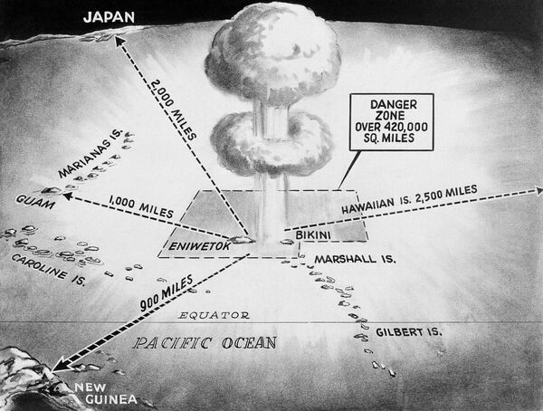 This April 27, 1956, file photo shows the area in which the United States hydrogen bomb tests will take place in the Pacific Ocean. North Korea said it successfully detonated a hydrogen bomb in its latest nuclear test Sunday, Sept. 3, 2017. Outside experts haven't been able to verify that claim, but say it's plausible. If true, it would represent a major step forward in North Korea's effort to develop a nuclear weapon capable of reaching the United States. This April 27, 1956, file photo shows the area in which the United States hydrogen bomb tests will take place in the Pacific Ocean. North Korea said it successfully detonated a hydrogen bomb in its latest nuclear test Sunday, Sept. 3, 2017. Outside experts haven't been able to verify that claim, but say it's plausible. If true, it would represent a major step forward in North Korea's effort to develop a nuclear weapon capable of reaching the United States. - Sputnik International