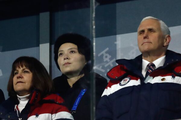 US Vice President Mike Pence (R), North Korea's Kim Jong Un’s sister Kim Yo Jong (C) and wife of US Vice President Karen Pence attend the opening ceremony of the Pyeongchang 2018 Winter Olympic Games at the Pyeongchang Stadium - Sputnik International