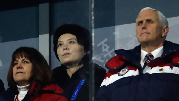 US Vice President Mike Pence (R), North Korea's Kim Jong Un’s sister Kim Yo Jong (C) and wife of US Vice President Karen Pence attend the opening ceremony of the Pyeongchang 2018 Winter Olympic Games at the Pyeongchang Stadium - Sputnik International