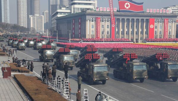 Military vehicles are seen at a grand military parade celebrating the 70th founding anniversary of the Korean People's Army at the Kim Il Sung Square in Pyongyang, in this photo released by North Korea's Korean Central News Agency (KCNA) February 9, 2018. - Sputnik International