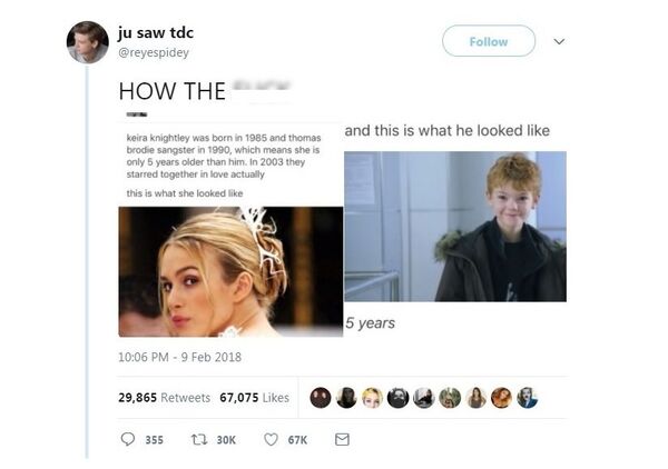 Tweet by user @reyespidey pointing out the age difference between actors Keira Knightley and Thomas Brodie-Sangster Tweet by user @reyespidey pointing out the age difference between actors Keira Knightley and Thomas Brodie-Sangster - Sputnik International