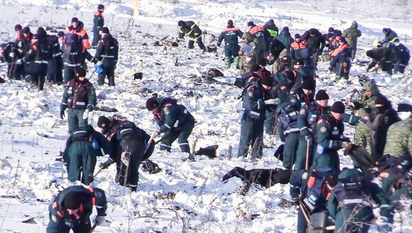 Russian Emergency Ministry officers in the Ramensky District of the Moscow Region, where the An-148 passenger plane of the Saratov Airlines Flight 703 traveling from Moscow to Orsk crashed on February 11, 2018 - Sputnik International