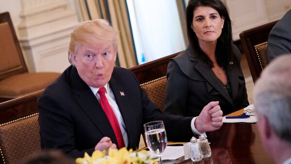 US President Donald Trump (C) speaks, watched by US Ambassador to the UN Nikki Haley, during lunch with members of the United Nations Security Council in the State Dining Room of the White House in Washington, DC - Sputnik International