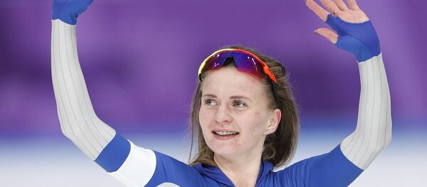 Speed Skating - Pyeongchang 2018 Winter Olympics - Women's 5000 m competition finals - Gangneung Oval - Gangneung, South Korea - February 16, 2018 - Olympic Athlete from Russia Natalia Voronina gestures after the race - Sputnik International