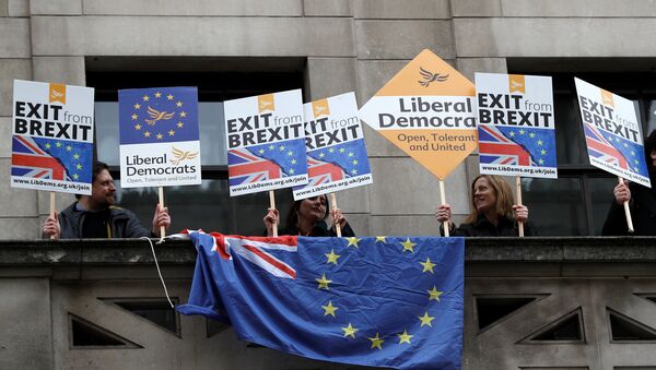 A number of pro-EU supporters protest outside the building where Britain's Foreign Secretary Boris Johnson delivers a speech on Brexit at the Policy Exchange in central London, Britain - Sputnik International