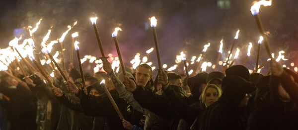 Members of nationalist organizations march with torches during a march to commemorate Bulgarian General and politician Hristo Lukov, in the centre of Sofia on February 17, 2018 Members of nationalist organizations march with torches during a march to commemorate Bulgarian General and politician Hristo Lukov, in the centre of Sofia on February 17, 2018 - Sputnik International