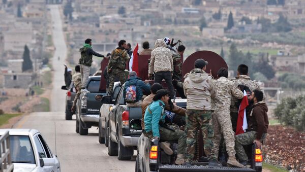 A picture taken on February 20, 2018 shows a convoy of pro-Syrian government fighters arriving in Syria's northern region of Afrin - Sputnik International