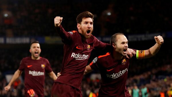 Soccer Football - Champions League Round of 16 First Leg - Chelsea vs FC Barcelona - Stamford Bridge, London, Britain - February 20, 2018 Barcelona’s Lionel Messi celebrates scoring their first goal with Andres Iniesta - Sputnik International