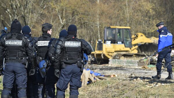 French gendarmes stand near a bulldozer being used to clear the entrance to the encampment during an operation to evacuate opponents of a nuclear waste burial site in the Lejuc woods in Bure - Sputnik International