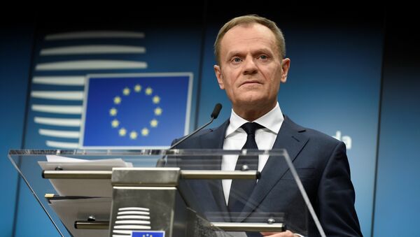 European Council Council Donald Tusk holds a joint press conference with the European Commission President after an informal meeting of the 27 EU heads of state or government at the European Council headquarters in Brussels on February 23, 2018 - Sputnik International