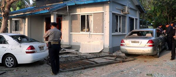 Bomb debris are seen after an explosion outside a building in Sittwe, Myanmar February 24, 2018 - Sputnik International