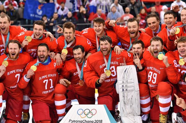 From left, front: Vladislav Gavrikov (Russia), Ivan Telegin (Russia), Ilya Kovalchuk (Russia), Pavel Datsyuk (Russia) receive gold medals at the medal ceremony of the men's ice hockey tournament at the 2018 Winter Olympics. From right: Kirill Kaprizon (Russia) and Vasily Koshechkin (Russia) - Sputnik International