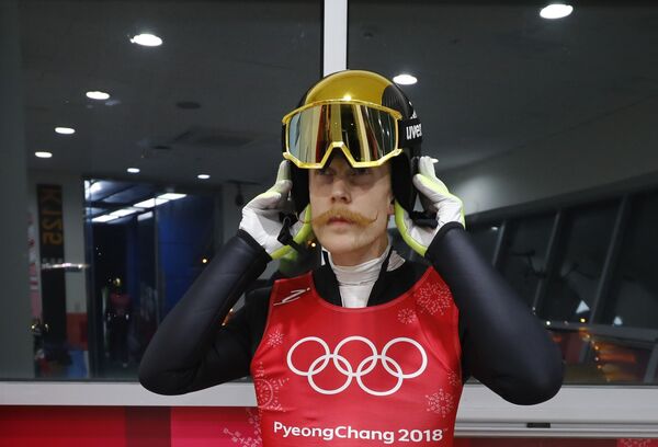 Ski Jumping - Pyeongchang 2018 Winter Olympics - Men’s Large Hill Individual Training - Alpensia Ski Jumping Centre - Pyeongchang, South Korea - February 14, 2018 - Robert Johansson of Norway prepares to take his jump - Sputnik International