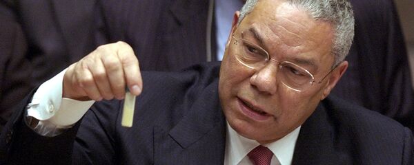 U.S. Secretary of State Colin Powell holds up a vial that he said could contain anthrax as he presents evidence of Iraq's alleged weapons programs to the United Nations Security Council. (File) - Sputnik International