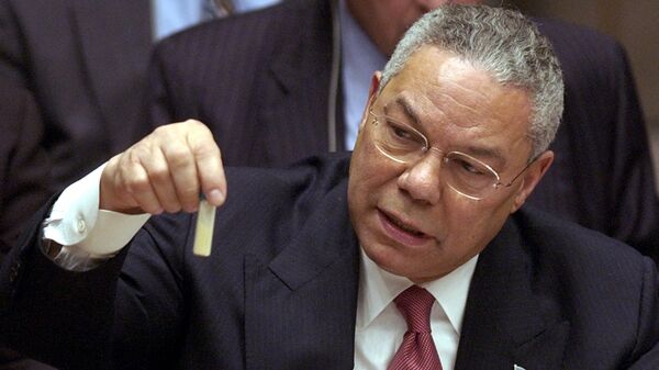 U.S. Secretary of State Colin Powell holds up a vial that he said could contain anthrax as he presents evidence of Iraq's alleged weapons programs to the United Nations Security Council. (File) - Sputnik International