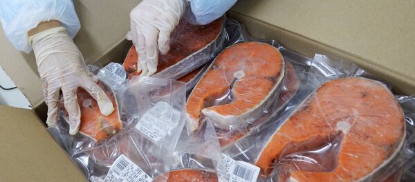 A worker at the Russian Fish Factory fish processing plant puts finished product in the box on the packaging line A worker at the Russian Fish Factory fish processing plant puts finished product in the box on the packaging line - Sputnik International