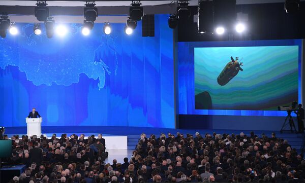 Russian President Vladimir Putin delivers his annual Presidential Address to the Federal Assembly at the Manezh Central Exhibition Hall Russian President Vladimir Putin delivers his annual Presidential Address to the Federal Assembly at the Manezh Central Exhibition Hall - Sputnik International