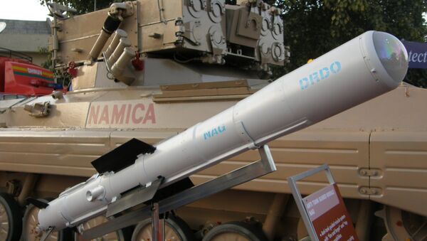 Nag missile and the Nag missile Carrier Vehicle (NAMICA), taken during DEFEXPO-2008, in Pragati Maidan, New Delhi. (File) - Sputnik International