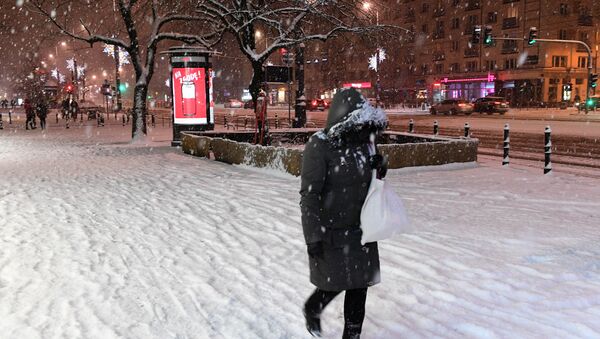 A picture taken on February 5, 2018 shows a pedestrian walking on street covered with snow in the Polish capital Warsaw - Sputnik International
