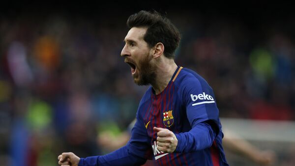 FC Barcelona's Lionel Messi reacts after scoring during the Spanish La Liga soccer match between FC Barcelona and Atletico Madrid at the Camp Nou stadium in Barcelona, Spain, Sunday, March 4, 2018 - Sputnik International