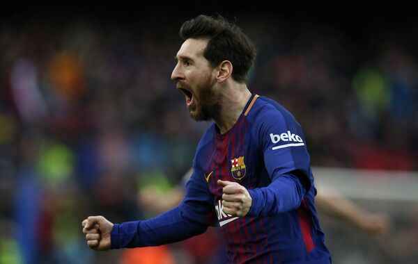 FC Barcelona's Lionel Messi reacts after scoring during the Spanish La Liga soccer match between FC Barcelona and Atletico Madrid at the Camp Nou stadium in Barcelona, Spain, Sunday, March 4, 2018 - Sputnik International