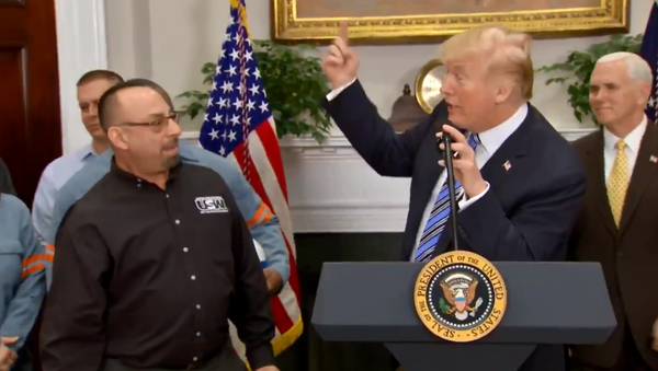 US President Donald Trump speaks with Scott Sauritch, the president of the United Steelworkers Union local 2227, prior to signing new tariffs measure on steel and aluminum imports. - Sputnik International