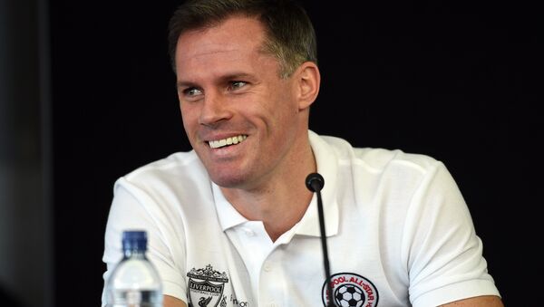 Former Liverpool player Jamie Carragher attends a press conference with Liverpool's English captain and midfielder Steven Gerrard (not pictured) at Anfield in Liverpool, north west England on March 12, 2015 ahead of an All-Star charity match at the stadium on March 29 - Sputnik International