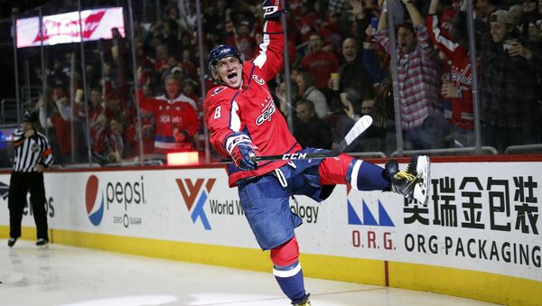 Washington Capitals left wing Alex Ovechkin celebrates his goal in the second period of an NHL hockey game against the Winnipeg Jets, Monday, March 12, 2018, in Washington - Sputnik International