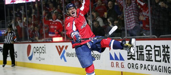 Washington Capitals left wing Alex Ovechkin celebrates his goal in the second period of an NHL hockey game against the Winnipeg Jets, Monday, March 12, 2018, in Washington - Sputnik International