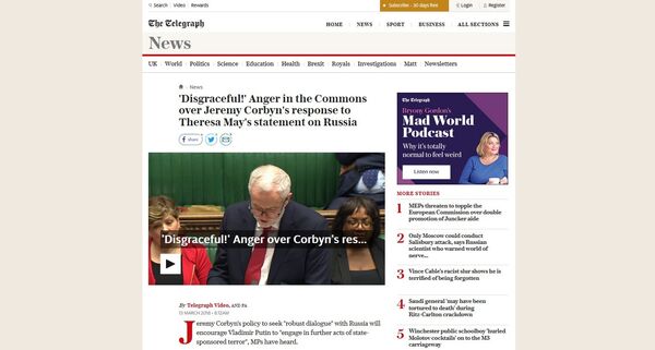 Screengrab of The Telegraph's attack on 'peacenik' Jeremy Corbyn. - Sputnik International