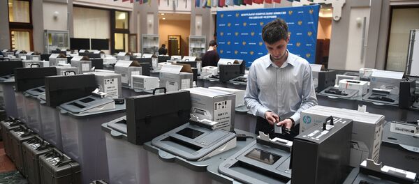 Voting machines at the Information Center of the Central Election Commission of Russia Voting machines at the Information Center of the Central Election Commission of Russia - Sputnik International
