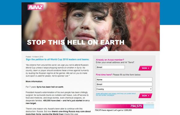 Screengrab of Avaaz' petition. - Sputnik International
