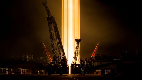 The Soyuz MS-08 spacecraft carrying the crew of astronauts Drew Feustel and Ricky Arnold of the U.S and crewmate Oleg Artemyev of Russia blasts off to the International Space Station (ISS) from the launchpad at the Baikonur Cosmodrome, Kazakhstan - Sputnik International