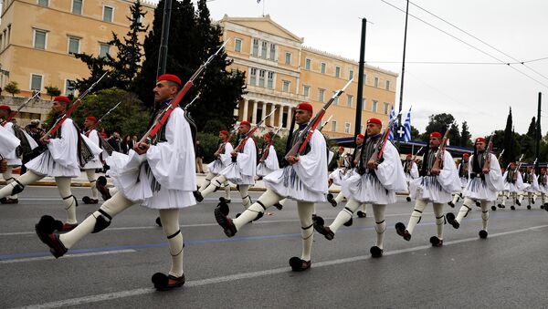 Greek Presidential Guards march during a military parade marking Greece's Independence Day in front of the parliament building in Athens, Greece, March 25, 2018 - Sputnik International