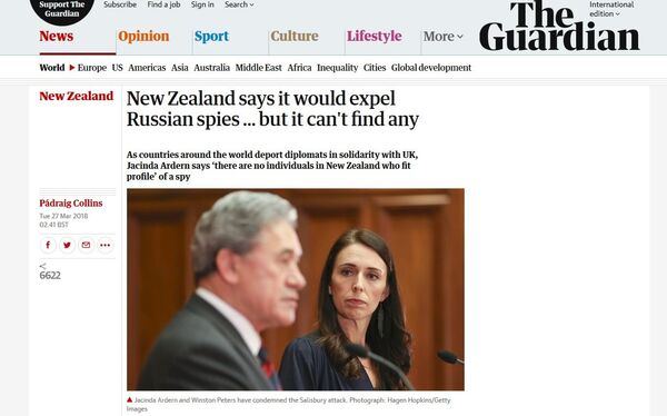 Screengrab of the Guardian story criticizing New Zealand over its apparent lack of solidarity. Screengrab of the Guardian story criticizing New Zealand over its apparent lack of solidarity. - Sputnik International