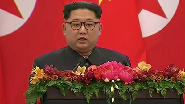 North Korean leader Kim Jong Un speaks during a banquet in Beijing, China - Sputnik International