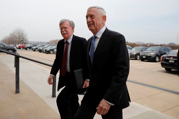Secretary of Defense James Mattis greets Ambassador John Bolton, President Donald Trump's nominee to be National Security Advisor, as he arrives at the Pentagon in Washington, U.S., March 29, 2018. - Sputnik International