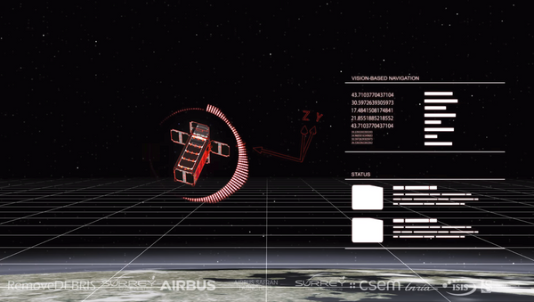 Artwork depicting a view from RemoveDEBRIS from its Vision Based Navigation system. - Sputnik International