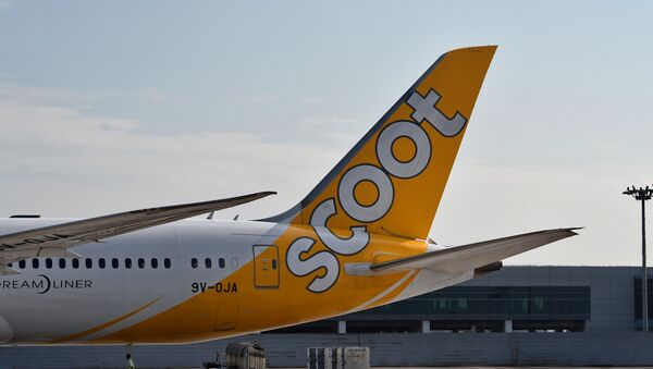 This photograph taken on March 28, 2018 shows the tail side of Scoot Airlines subsidiaries of Singapore Airlines (SIA) Boeing 787-900 aircraft at the terminal in Singapore Changi Airport - Sputnik International