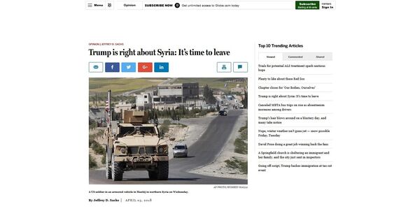 Screenshot of Sachs' piece for the Boston Globe. - Sputnik International