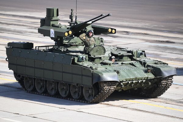 A Terminator armored fighting vehicle during a Victory Day Military Parade rehearsal at the Alabino military training ground in the Moscow Region A Terminator armored fighting vehicle during a Victory Day Military Parade rehearsal at the Alabino military training ground in the Moscow Region - Sputnik International