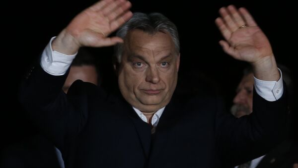 Hungarian Prime Minister Viktor Orban gestures in Budapest, Hungary, Sunday, April 8, 2018 - Sputnik International